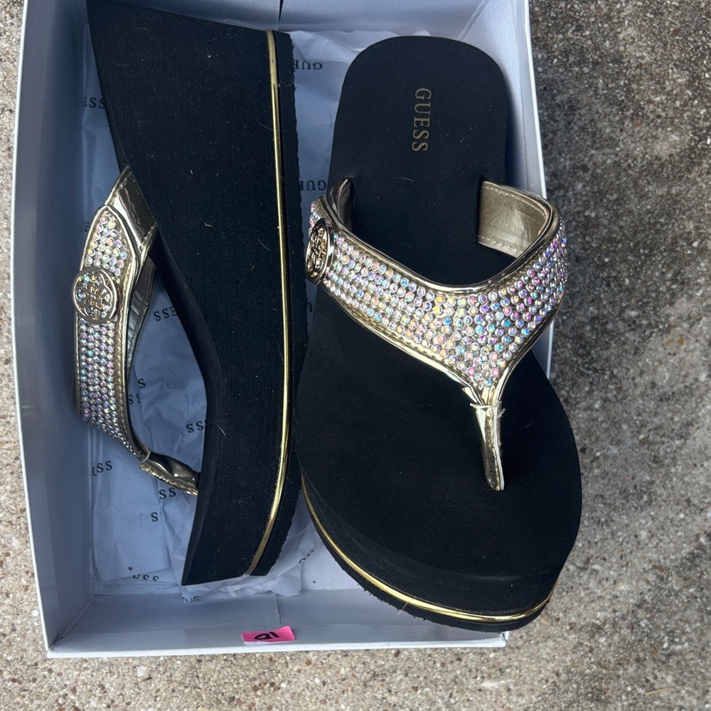 Guess Women's Black and Gold Platform Sandals